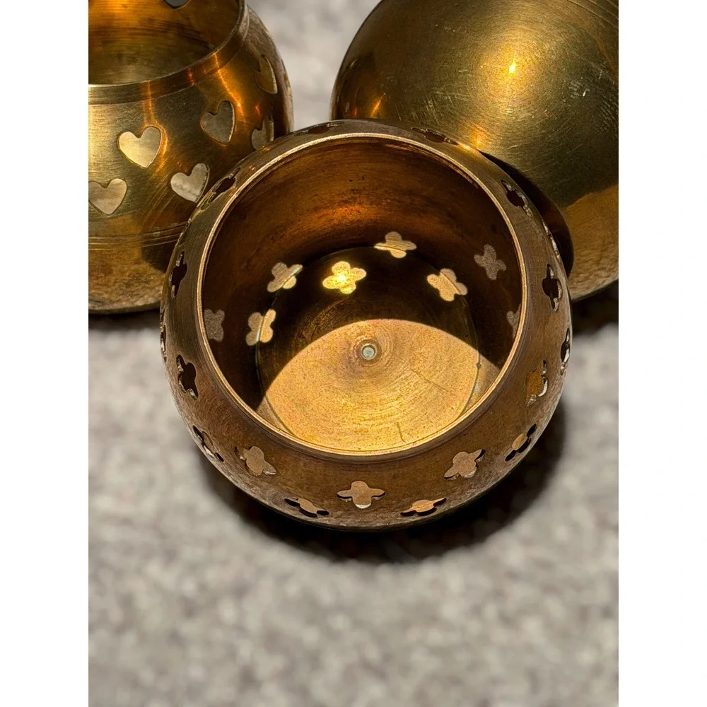 Vintage Brass Cut Out Candle‎ Holders Set of 3 Boho India Hollywood Regency